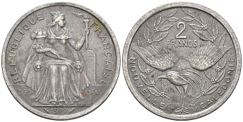 Французская Новая Каледония 2 франка 1977 птица кагу, (IEOM) KM 14, Schoen 11, Lec 58 алюминий    08-646