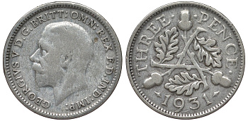 Великобритания 3 пенса 1931 Георг V (1910-1936) KM 831, Spink 4042 серебро 4124-643