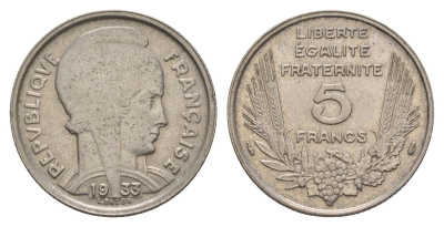 Франция 5 франков 1933 год-тип KM 887 никель 4660-242