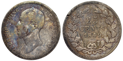 Нидерланды 25 центов 1849 Виллем II, редкая монета, с напайки KM 81 серебро 71-512