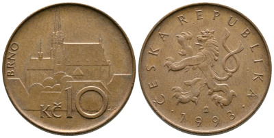 ЧЕХИЯ 10 КРОН 1993 КАФЕДРАЛЬНЫЙ СОБОР ГОРОДВ БРНО KM 4 сталь плакированная медью 4364-4446
