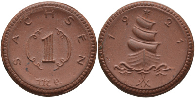 Саксония 1 марка 1921 парусник J. N 55 фарфор 1094-3-62