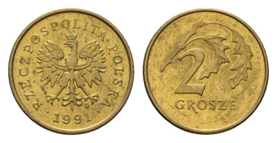 Польша 2 гроша 1991 Y 277 марганец латунь UNC 4674-942