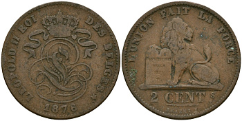 Бельгия 2 сантима 1876 Belges KM 35 медь 4135-947
