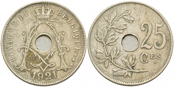 БЕЛЬГИЯ 25 САНТИМОВ 1921 BELGIQUE KM 68.1 медно-никель 4529-1116