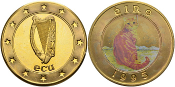 Ирландия 1 экю 1995 рыжая кошка, цветная эмаль, позолота, тираж 100 экземпляров PROOF 00-000-00