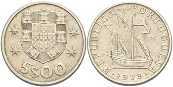 ПОРТУГАЛИЯ 5 ЭСКУДО 1979 ПАРУСНИК KM 591 медно-никель 4523-551