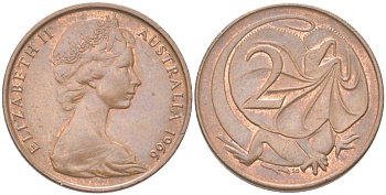 Австралия 2 цента 1966 Елизавета II (1952-2022), плащеносная ящерица KM 63 бронза 4621-1066