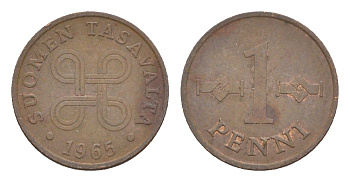 Финляндия 1 пенни 1965 KM 44 медь 4647-231