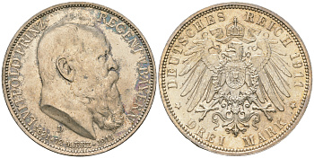 Бавария 3 марки 1911 D, 90 лет принц-регенту Баварии Луитпольду Weege 49, J. 49, KM 517 серебро 00-901-11