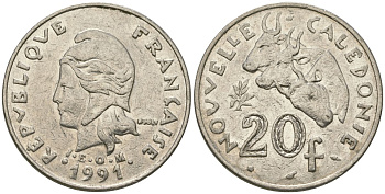 Французская Новая Каледония 20 франков 1991 три быка, (IEOM) KM 12, Schoen 14, Lec 114 никель 81-135