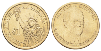 США 1 доллар 2014 Президент США - Франклин Рузвельт (1933–1945) KM 574 медь с марганцево-латунным покрытием UNC 4666-1031