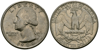 США 25 центов = квотер 1989 D KM 164a медь плакированный медно-никелем 4138-1022