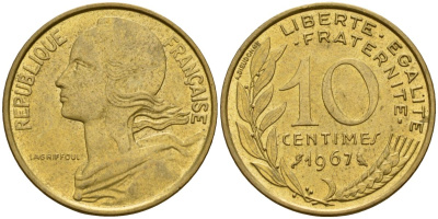 Франция 10 сантимов 1967 тип Marianne KM 929, Le Franc 144.7 медь алюминий никель 4115-541