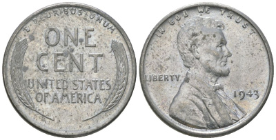 США 1 цент 1943 Авраам Линкольн KM 132 a сталь покрытая цинком aUNC 112-1111