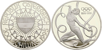 Австрия 200 шиллингов 1995 100 лет Олимпийским играм, гимнастика KM 3026 серебро PROOF 02-222-21