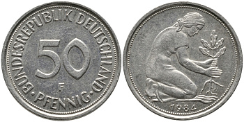 ФРГ 50 ПФЕННИГОВ 1984 F KM 109.2, J. 384 медно-никель 96-1226
