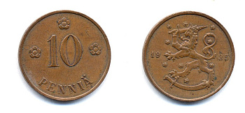 Финляндия 10 пенни 1935 республика (1918-1962) KM 24 медь 51-5454