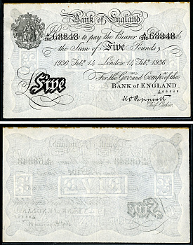 Англия 5 фунтов 1936 Лондон, 15 января, Операция "Бернхард", фальшивка в ущерб денежному обращению PW № RB103, Pick 337 a  бумага   444-10-1-1