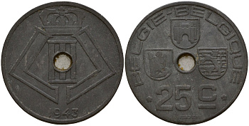 Бельгия 25 сантимов 1943 Belgie - Belgique, Леопольд III (1934-1947), германская оккупация, Вторая мировая война KM 132 цинк 4157-613