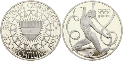 Австрия 200 шиллингов 1995 100 лет Олимпийским играм, гимнастика KM 3026 серебро PROOF 02-222-21