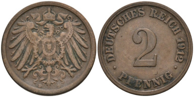 Германия 2 пфеннига 1912 D KM 16, J. 11, Weege 4 медь 4573-1154