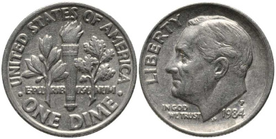 США 10 ЦЕНТОВ = 1 ДАЙМ 1984 Р, РУЗВЕЛЬТ KM 195а медь плакированная медно-никелем 112-653