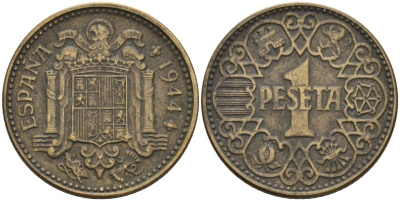 Испания 1 песета 1944 национальное правительство (1939 - 1947) KM 767 алюминиевая бронза 4448-952