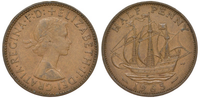 Великобритания 1/2 пенни 1965 Елизавета II (1952-2022) KM 896, Spink 4158 бронза 62-441