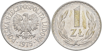 ПОЛЬША 1 ЗЛОТЫЙ 1975 MW KM 49.1 алюминий UNC 106-531