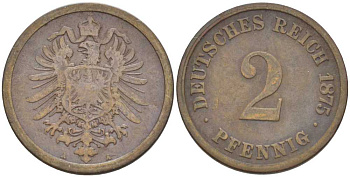ГЕРМАНИЯ 2 ПФЕННИГА 1875 A, СТАРОГЕРБОВКА KM 2, J. 2, Weege 3 медь 212-533