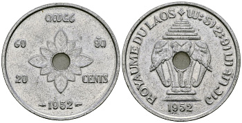 Лаос 20 центов 1952 король Сисаванг Вонг (1904-1959), слоны KM 5 алюминий 4185-922