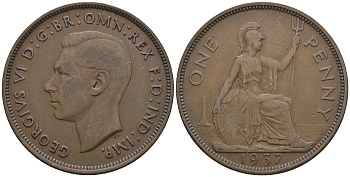 Великобритания 1 пенни 1937 Георг VI (1936-1952) KM 845, Spink 4114 бронза 4607-1114