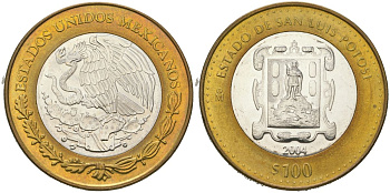 Мексика 100 песо 2004 180 лет Федерации - Сан-Луис-Потоси KM 803 биметалл, серебро BU 00-1067-8-31
