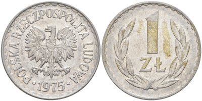 ПОЛЬША 1 ЗЛОТЫЙ 1975 MW KM 49.1 алюминий UNC 106-531