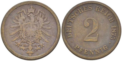 ГЕРМАНИЯ 2 ПФЕННИГА 1875 A, СТАРОГЕРБОВКА KM 2, J. 2, Weege 3 медь 212-533