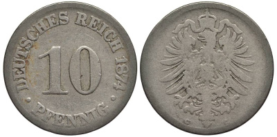 ГЕРМАНИЯ 10 ПФЕННИГОВ 1874 C, СТАРОГЕРБОВКА KM 4, Jager 4, Weege 7 медно-никель 4546-1114