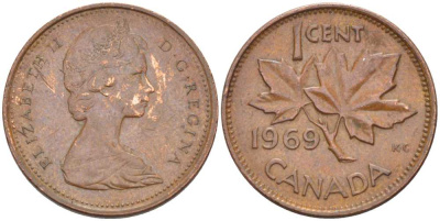 Канада 1 цент 1969 Елизавета II (1952-2022), кленовый лист KM 59.1 бронза 105-1167