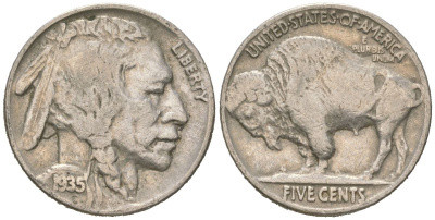 США 5 центов 1935 индеец, бизон KM 134 медно-никель 4614-1149