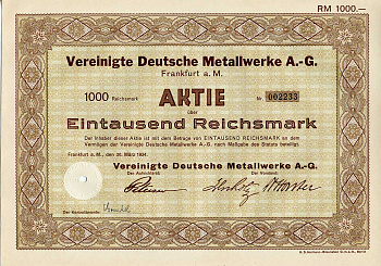 Германия 1000 рейхсмарок 1934 АО Объединенные немецкие металлургические заводы, акция   бумага   8803-30-1