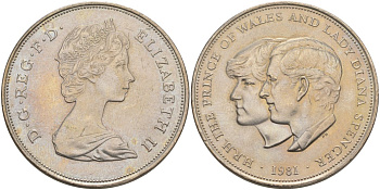 Великобритания 25 пенсов 1981 Королевская свадьба принца Чарльза и леди Дианы, Елизавета II (1952-2022), в пластиковой коробке KM 925, Spink 4229 медно-никель UNC 05-041-13