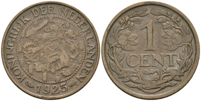 Нидерланды 1 цент 1925 Вильгельмина (1890-1948) KM 152 бронза 4576-1061