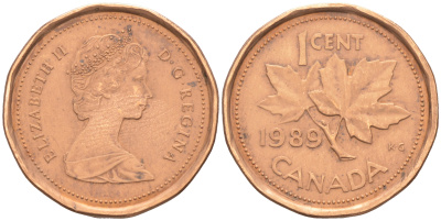 Канада 1 цент 1989 Елизавета II (1952-2022), кленовый лист KM 132 бронза 188-767