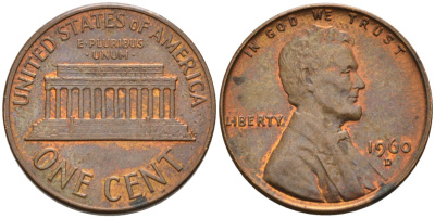 США 1 цент 1960 D, Линкольн KM 201 медь цинк 4564-331