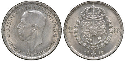 Швеция 2 кроны 1946 TS, Густав V (1907-1950) KM 815 серебро 4178-1346
