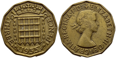 Великобритания 3 пенса 1955 Елизавета II (1952-2022) KM 900, Spink 4153 никель латунь 36-1211