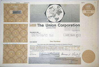 США, THE UNION CORPORATION 100 АКЦИЙ 1974 бумага 00-00