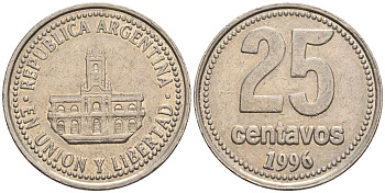 Аргентина 25 сентаво 1996 ратуша Буэнос-Айреса KM 110a, CJ 4.4.1, Schon 111a медно-никель    60-427