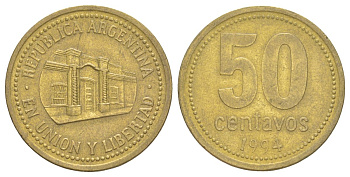 Аргентина 50 сентаво 1994 здание конгресса Тукумана, узкие буквы KM 111.1 алюминиевая бронза 4629-652