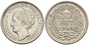 Нидерланды 10 центов 1944 P, Вильгельмина I (1890-1948) KM 163 серебро  4160-1245